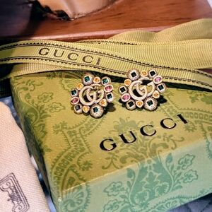 GUCCI Vintage Gold Yellow Green Stone Earrings NEW